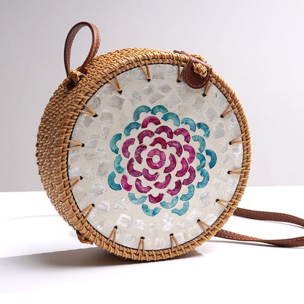 

round rattan woven crossbody bag shell decor fashion cross body