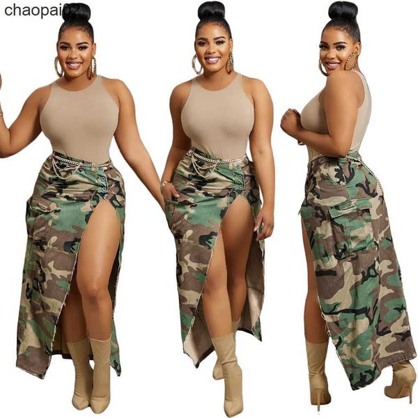 

designer camoskirt women dresses spring summer new style split high waist camouflage skirts female cargo ankle-length skirt bulk items whole, White;black