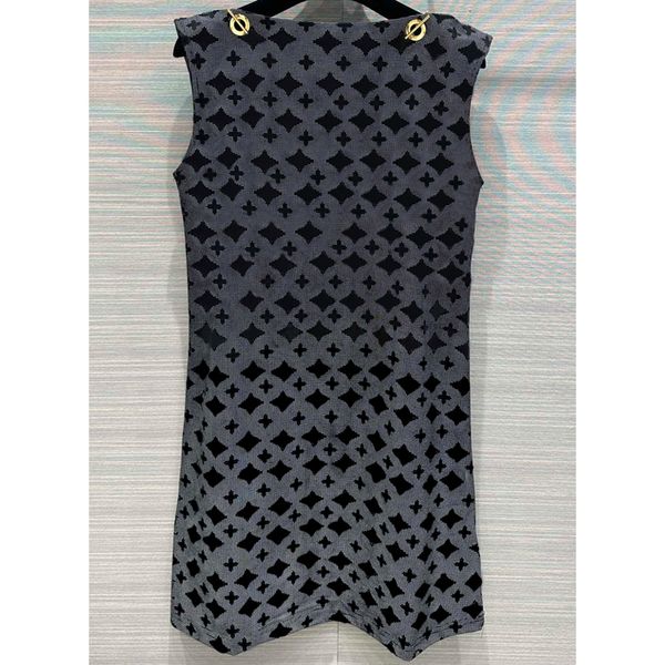 

7.28 fashion slash neck sleeveless pattern print hollow out chains decoration cotton knitted mini dresses women, Black;gray
