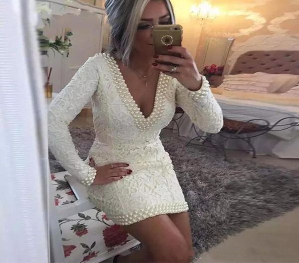 

white big pearls sheath party cocktail dresses prom 2022 with long sleeve deep vneck evening gowns formal graduation homecoming d2314921, Black