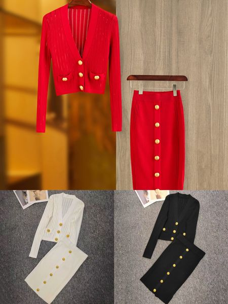 

high-quality autumn two piece dress lion button sweater and skirt, White