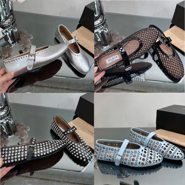 

elegant women alaia dress shoes designer shoes round toe rhinestone flat shoes luxury leather rivet buckles mary jane shoes comfortable ball, Black