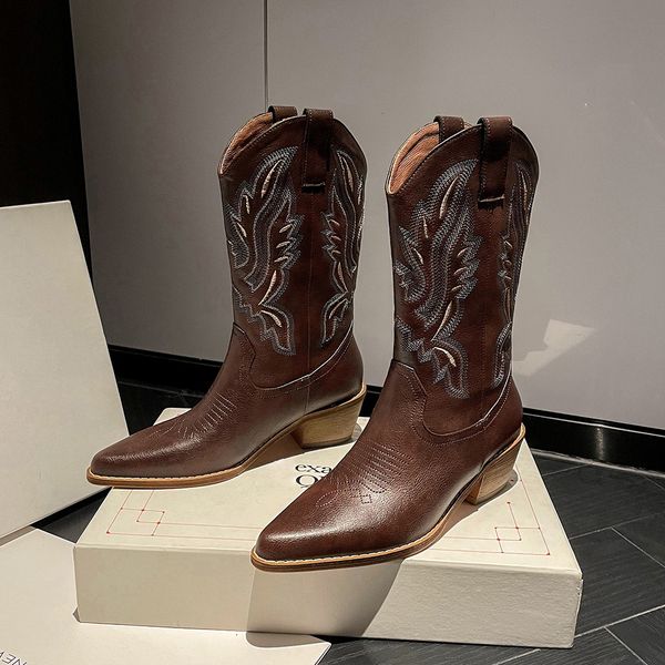 

boots plus size 43 women's embroidered western mid-calf boots cowboy cowgirl boots chunky heel platform boots women western shoes 23072, Black