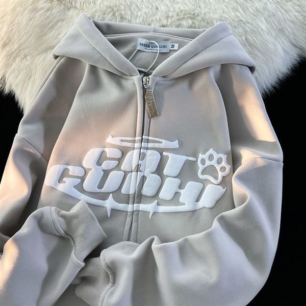 

womens hoodies sweatshirts women letter print hoodies harajuku hip hop zipper loose hooded sweatshirts y2k high street long sleeve couple ho, Black