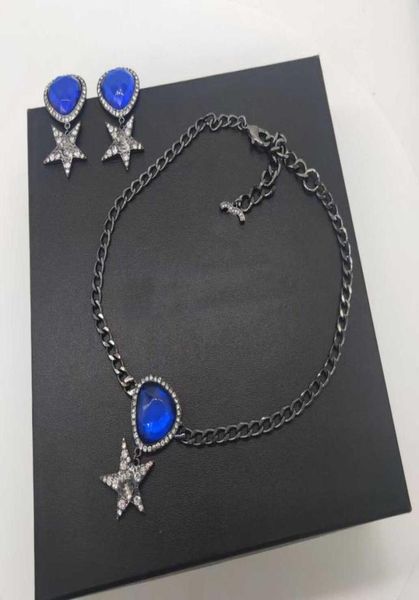 

2022 luxury quality blue crystal and black star shape pendant necklace charm stud earring set for women wedding jewelry have box s6003118, Golden