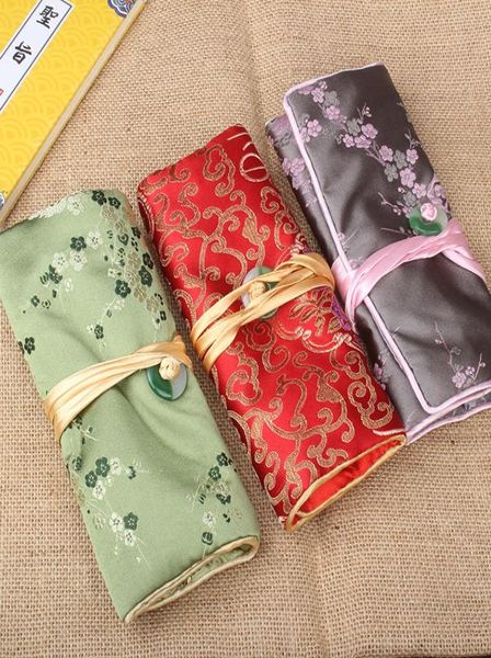 

custom jade foldable silk brocade jewelry chain roll travel case bag cosmetic 3 zipper pouch bag drawstring ladies makeup packagin6830065, Pink;blue
