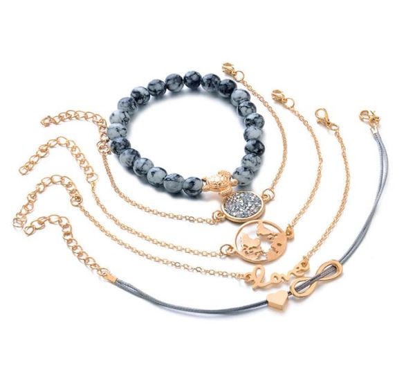 

5 pcs set punk turtle map heart letter love crystal beads chain multilayer pendant gold bracelet set charm girl jewelry gift infi2322932, Golden;silver