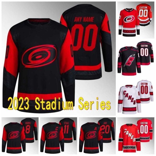 

carolina 2023 stadium series hurricanes jersey andrei svechnikov brent burns jalen chatfield sebastian aho seth jarvis jaccob slavin martin, Black;red