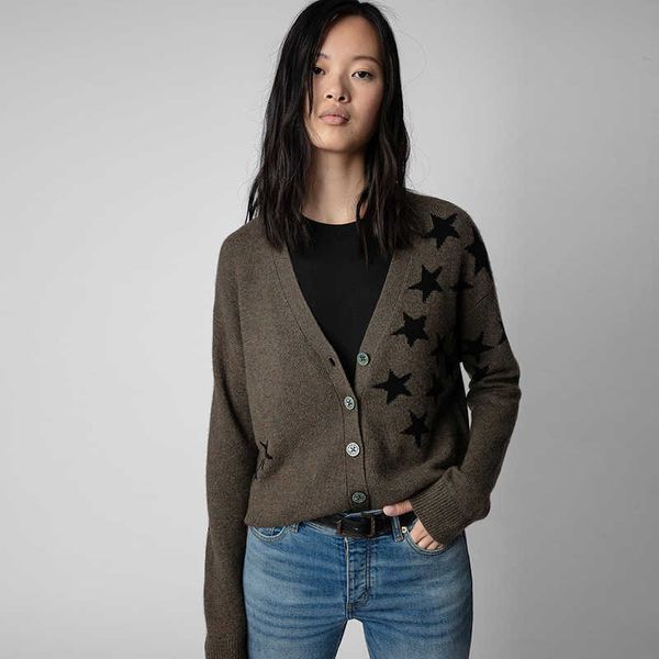 

zadig voltaire designer button up star hanging wool pattern knitted shirt cardigan split women sweater small coat crew neck long sleeve hood, White