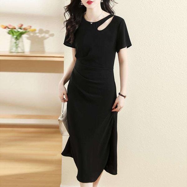 

summer style elegant hollowed out dress little black for women high elastic pure color mid long a line, Black;gray