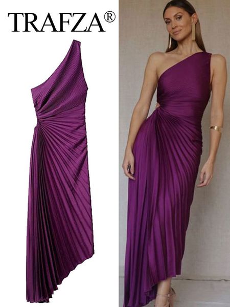 

basic casual dresses trafza women elegant ruffled one shoulder dress pleated backless sleeveless asymmetrical long dresses women party eveni, Black;gray