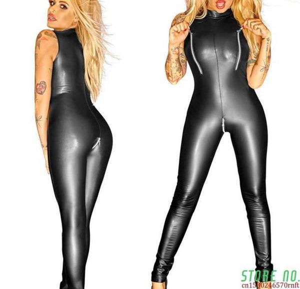 

black wet look zipper faux leather jumpsuit pvc latex catsuit club wear costumes women open crotch bodysuit fetish uniforms 26531547, Black;white