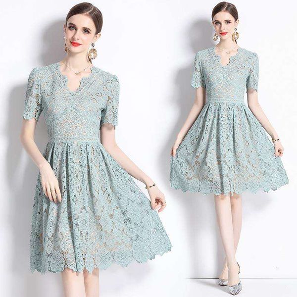 

womens summer style fashionable v neck water dissolving lace dress, Black;gray