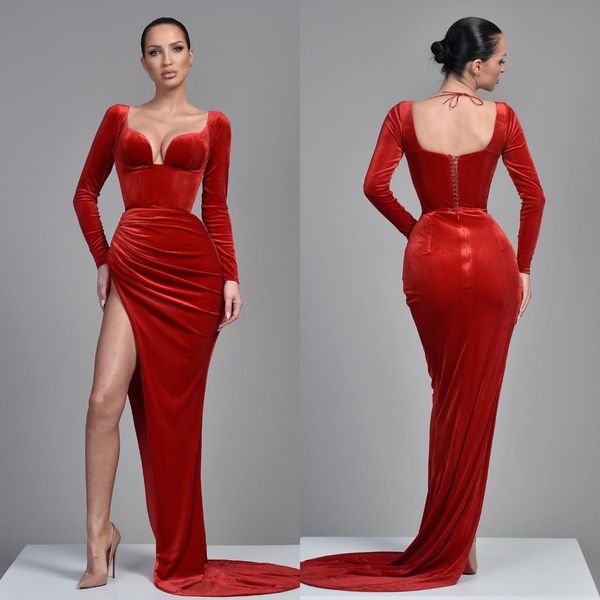 

red evening dresses long sleeves velvet split party prom dress sweep train long dress for red carpet special occasion, Black;red