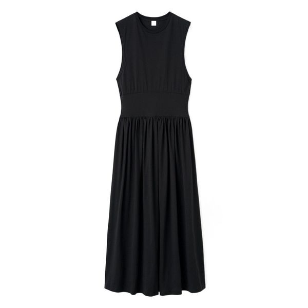 

new t-oteme dress round neck sleeveless waist tank skirt mid length, Black;gray