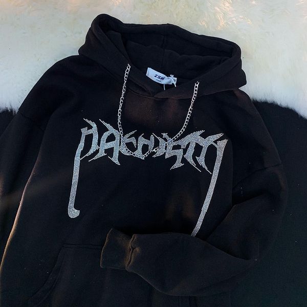 

womens hoodies sweatshirts hoodies couple coat kpop pure cotton y2k diamond letters with necklace american style autumn and winter fleece wo, Black