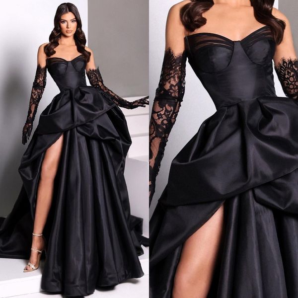 

elegant a line black evening dresses strapless party prom dress split sweep train long dress for special occasion, Black;red