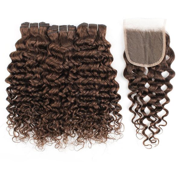 

kisshair dark brown hair bundles with 4x4 lace closure color 4 water wave brazilian human hair extension double wefts5180742, Black;brown