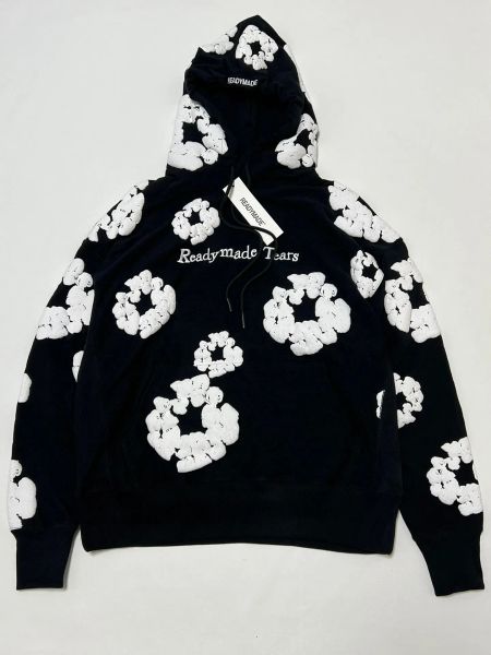 

new falection mens readymade denim tears flower puff printed distressed hoodie sweatshirt men pullover uiw98, Black