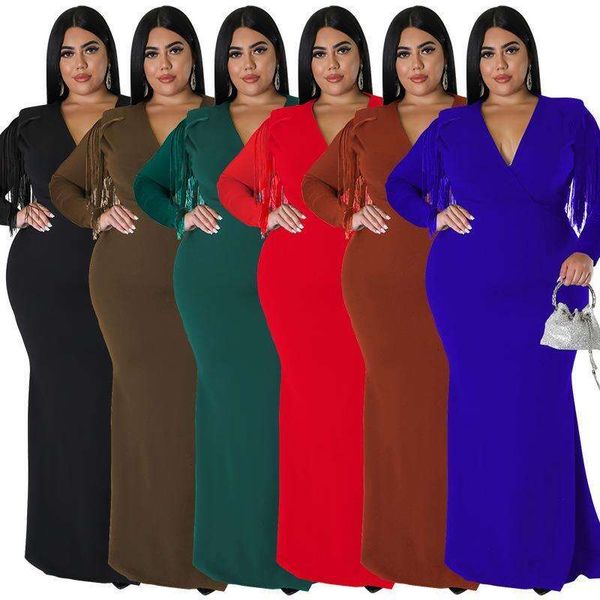 

l size womens long sleeved tasseled pure color deep v neck dress, Black;gray
