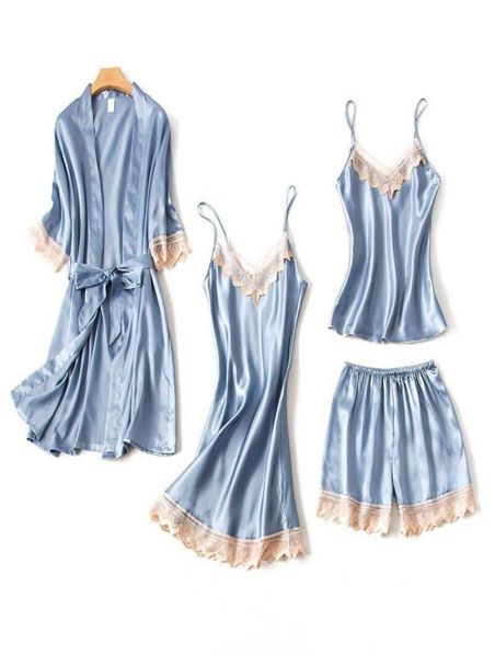 

women039s sleepwear autumn ladies pajama set silk satin 4pcs robenightdressvestshorts lace lingerie femme tender homewe6473078, Black;red