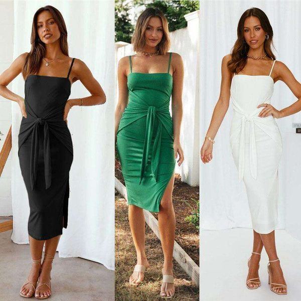 

spring and summer womens clothing style pure color suspenders slits fashionable casual tight dress for women, Black;gray