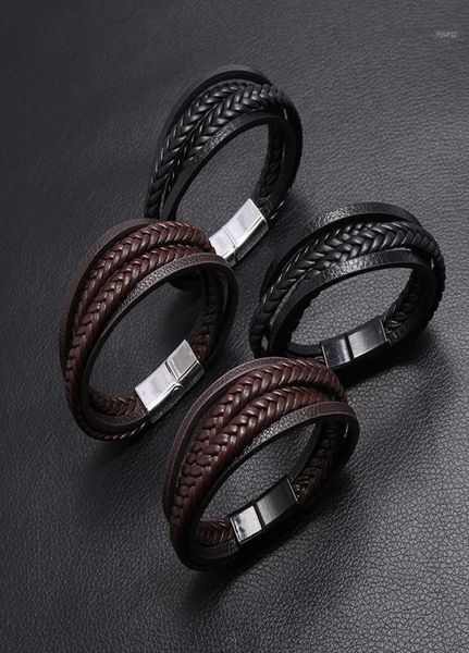 

charm bracelets braided brown color leather for men armband heren trendy steel bangle with magnetic buckle3558563, Golden;silver