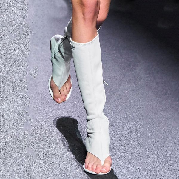

2023 designer spring summer fashion women low heel thong over the knee female cowboy boot open toe stretch design stretch napatine knee-high, Black