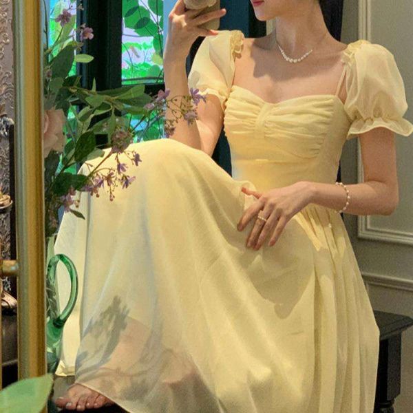 

holding romance summer french square collar tight waist skinny fairy dress for women, Black;gray