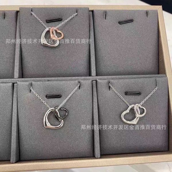 

high version tiffay double heart pendant 925 silver color necklace collar chain
