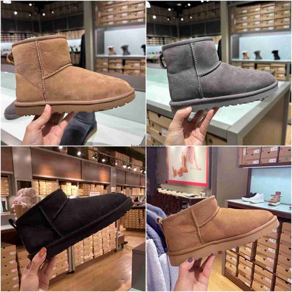 

designer men snow boots ug mini women winter australia platform boot fur fluffy slipper ankle wool shoes sheepskin real leather classic bran, Black