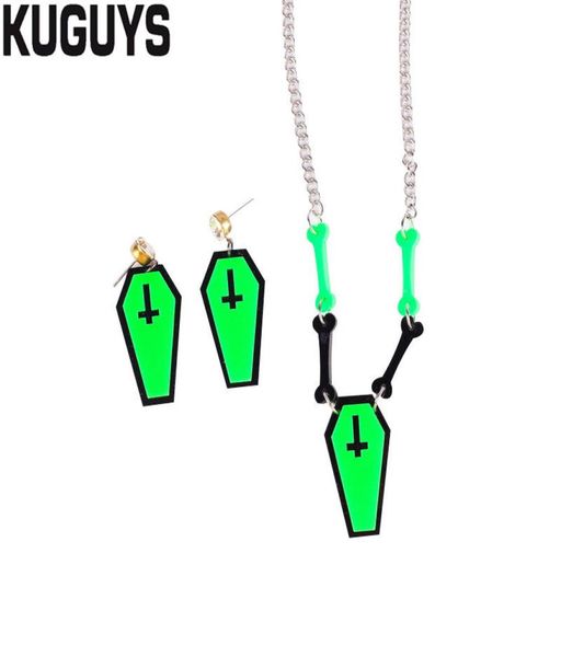 

halloween horror jewelry set acrylic neon green coffin bone drop earrings pendant necklace trendy accessories6576068, Silver
