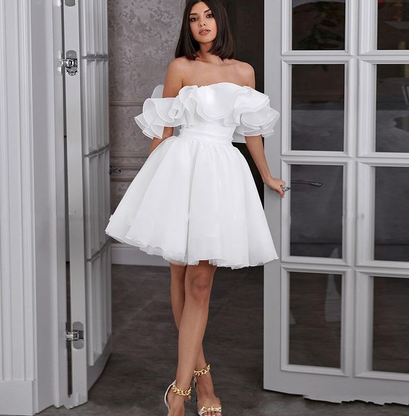 

white organza civil wedding dress 2024 off shoulder a line short bride gown layered ruffles vestidos de novia mini
