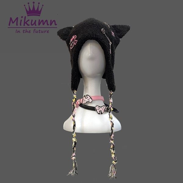 

beanie skull caps mikumn japanese harajuku kawaii black white skull cat ears hats for women girl winter warm lambswool cute beanie 230729, Blue;gray