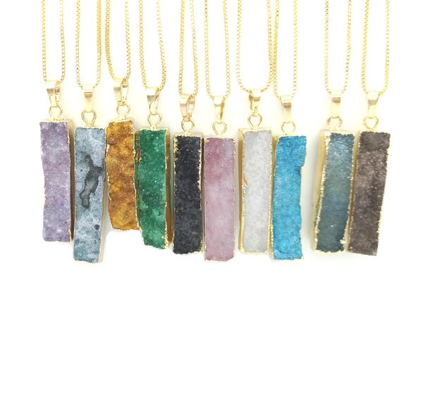 

jln druzy agate long bar rectangle pendant geode quartz stone pendants with brass chain jewelry for men women, Silver