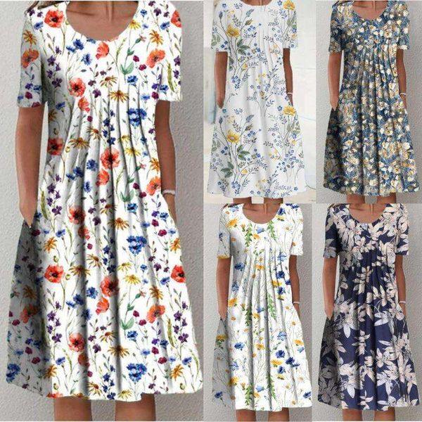 

large size spring and summer womens clothing elegant big swing skirt round neck print short sleeved dress, Black;gray