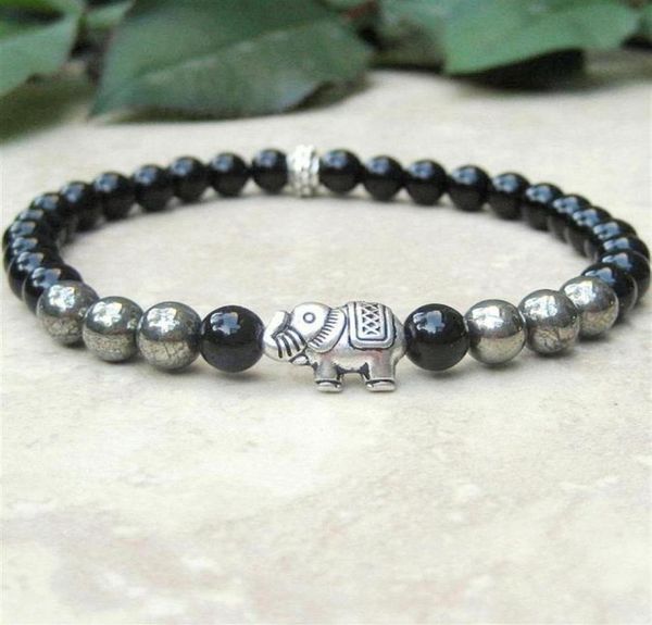 

mg0716 6 mm black onyx and pyrite gem stone bracelet elephant bead mala healing bracelet womens tibetan good luck bracelet281s288w4941025