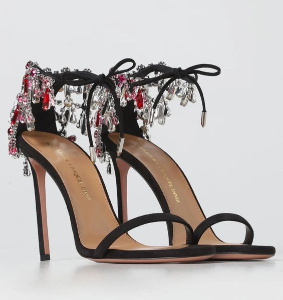 

summer luxury dress wedding moonwalk aquazzura sandals shoes ankle ties crystal-embellished satin high heels wrap-tie lady gladiator sandali, Black