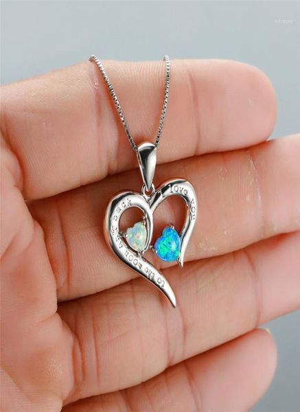 

boho female smll double heart pendant necklace white blue fire opal necklaces for women vintage silver color wedding jewelry11511723