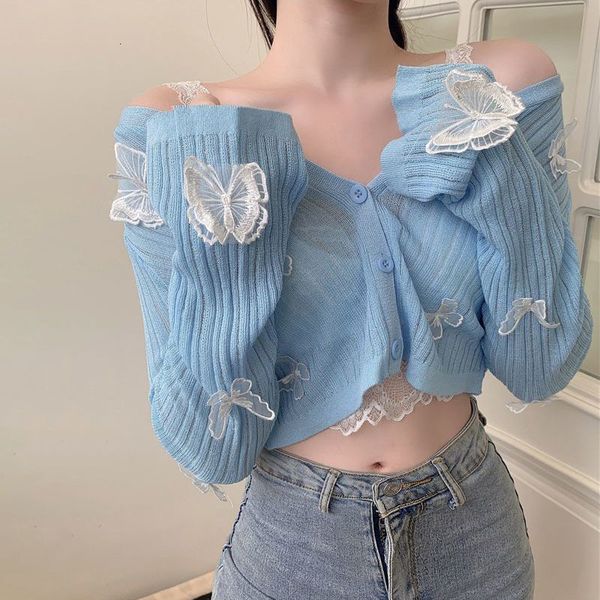 

women's knits tees v-neck butterfly cropped cardigan for woman korean button knitted crop women summer cute long sleeve sweater jacket, White