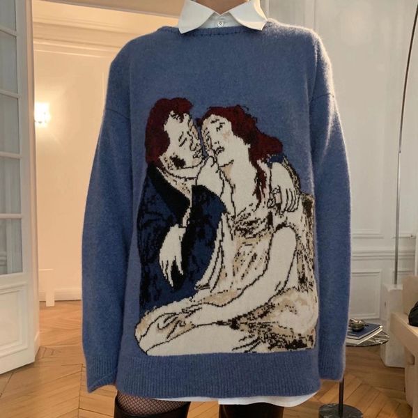 

23fw autumn winter fashion men knitted europe cashmere long sleeve sweaters painting jumpers jul 29 blue colors