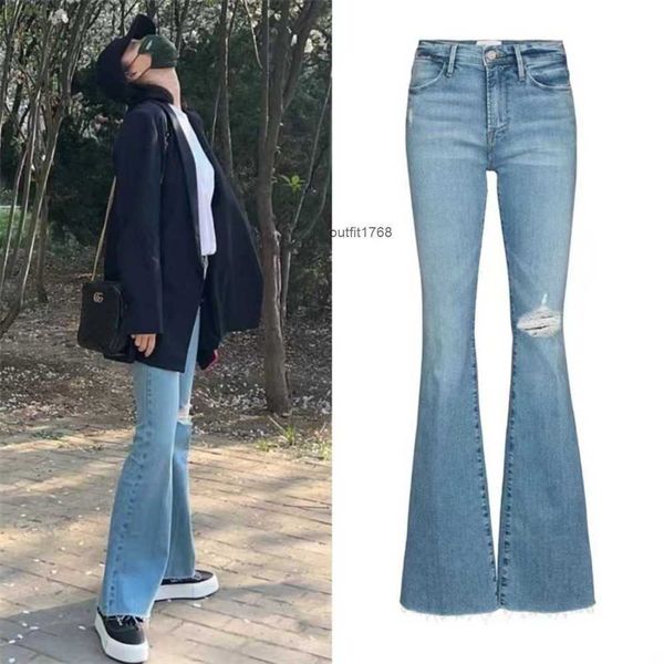 

fd same mid rise retro light blue slim fit high one knee perforated denim horn pants for women