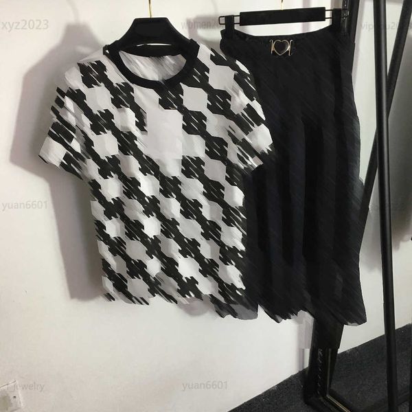 

designer women dress two piece dress size s-l black and white checkered t-shirt and logo dark print mesh skirt luxurious july28