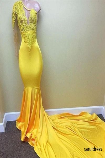 

long sleeves mermaid african black girls party gowns lace applique yellow one shoulder prom dresses vestido de festa prom dre3545880