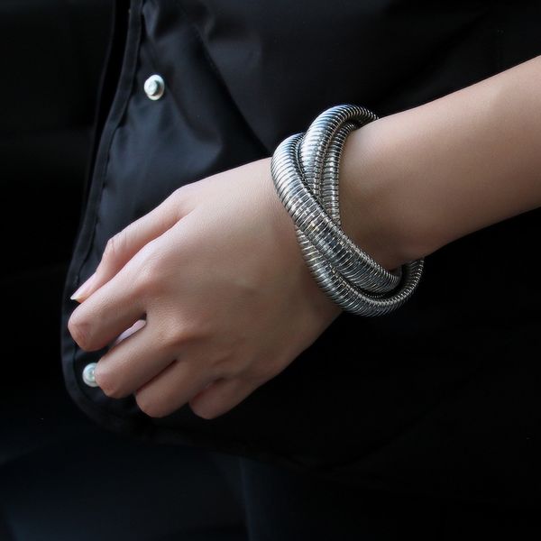

gold sliver 18cm 20cm three-layer elastic bracelet bracelet stainless steel 18k gold plated bracelet hiphop element jewelry wire diameter 12, Black