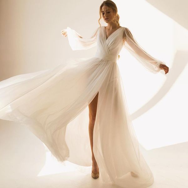 

simple 2023 v-neck long sleeve slit pleats a-line glitter tulle wedding dress bridal gowns vestido de noiva, White