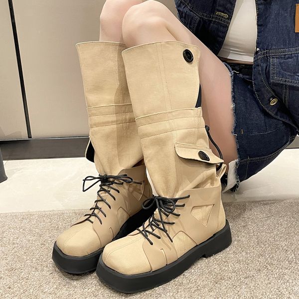 

boots khaki loose cowboy knee high boots women autumn winter platform long boots woman punk thick sole button western botas mujer 230728, Black