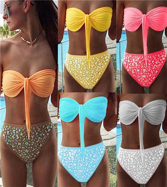 

bandaeu bikinis front tie swimsuit high waist shinestone decoration bottom swimwear bathinsuit beach wear238m9502638