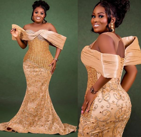 

2023 aso ebi gold mermaid prom dress beaded crystals evening formal party second reception birthday engagement gowns dresses robe de soiree, Black