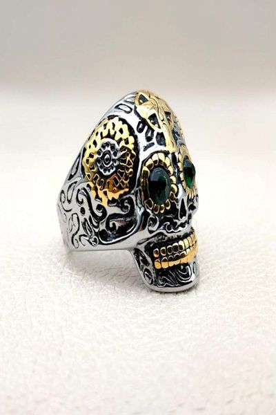 

punk vintage skull men's ring titanium green eye ring03026261, Silver